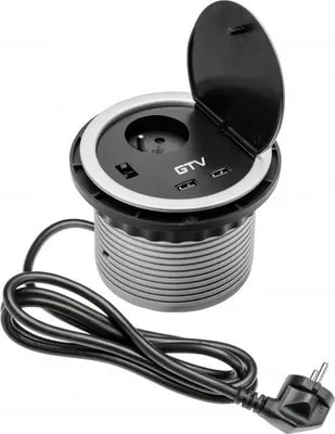 Produktbild von GTV Einbau-Tischsteckdose CHARGER, 1x Schuko mit Erdung, USB 5V 2A, mit Kabelverlängerung - praktische und flexible Steckdose für Zuhause und Büro