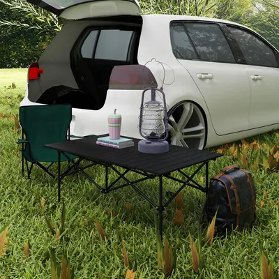 Produktbild von Campingtisch klappbar aufrollbare Tischplatte, Klapptisch Outdoor Aluminium, Schwarz | 95 x 55 x 50 cm | 4,5 kg | Tragetasche inklusive