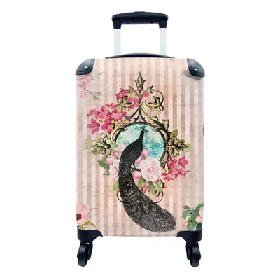 Produktbild von MuchoWow® Koffer Handgepäck Trolley Rollkoffer Kleine Reisekoffer mit 4 Rollen - Pfau - Rosa - Blumen - Cabin Size < 55x40x23 cm & 55x40x20 cm - Fotokoffer - Kabinenkoffer - Boardgepäck - Reise-Box - Reisekoffer - Reisegepäck - Koffer mit Bild - Trolley für Kinder