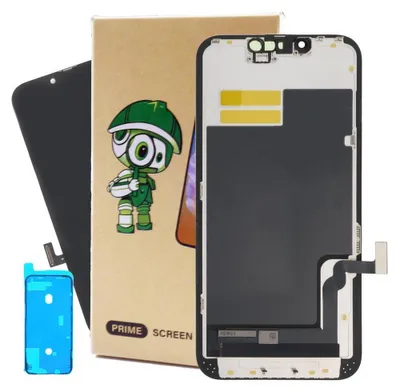 A product shot of an iPhone 13 display replacement kit, including the display, packaging, and adhesive.