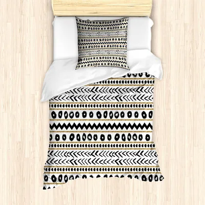 Obrázok produktu pre ABAKUHAUS Pruhované obliečky na perinu, abstraktné primitívne postavy s jaskyňou, skaly, príroda inšpirovala nezvyčajný boho štýl, 135 x 200 cm + 80 x 80 cm, čierna, žltá