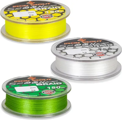 Three spools of fishing line in different colors (yellow, white, and green) are displayed against a white background.