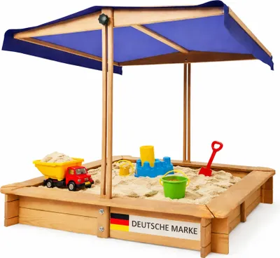 Produktbild von Sandkasten mit Dach "höhenverstellbar" 98x98x17 cm aus Holz – UV & wasserfest – Absenkbares Dach als Abdeckung – Robuster Buddelkasten für Kinder