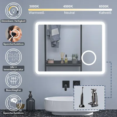 Produktbild von Badspigel mit Steckdose 120×70cm Uhr LED Schminkspiegel Kalt/Neutral/Warmweiß dimmbar Memory Beschlagfrei eine Stunde automatische Abschaltung Wandschalter Spiegel mit LED Beleuchtung
