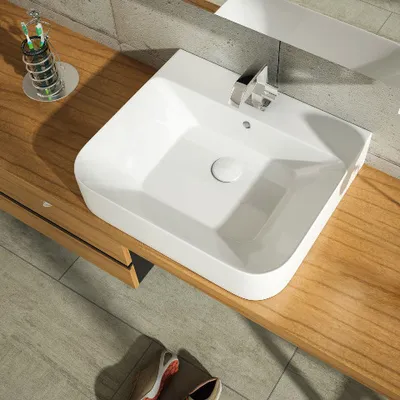 Produktbild von Aufsatzwaschbecken Wandeinbau Waschbecken 55x48 Wandmontage möglich Waschtisch Keramik Kreabad 3054