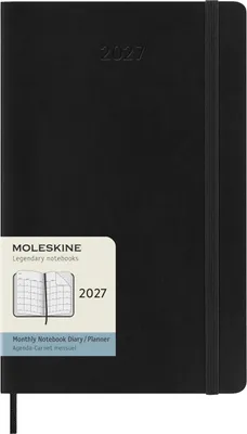 Image de Agenda mensuel Moleskine 12 mois 2027, format L/A5, 1 mois = 2 pages, pages lignées, couverture souple, noir