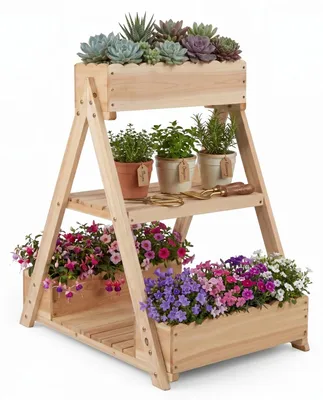 Produktbild von KOMFOTTEU Hochbeet aus Tannenholz, Pflanzkasten mit 3 Pflanzboxen & 2 Ablagen, A-Form Blumentreppe mit Drainagelöchern, Pflanzregal für Gemüse, Blumen & Kräuter, für Garten, Terrasse & Balkon