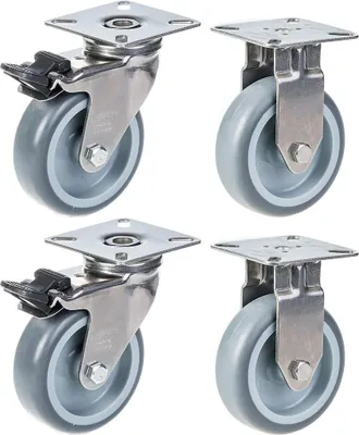 Immagine prodotto di 75 mm 3" in acciaio inossidabile con ruote in gomma grigia, freno e fisso, 240 kg, set di 4