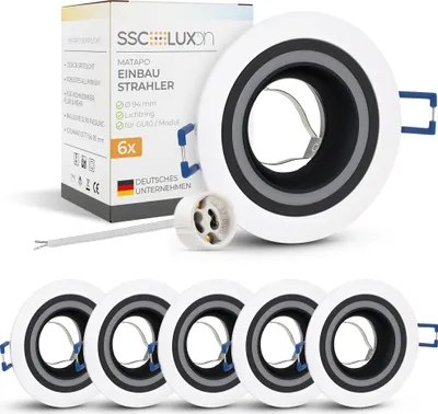 Produktbild von SSC-LUXon 6 Stück Design Einbau Deckenstrahler Matapo mit Lichtring Fassung für GU10 oder Module - Design Einbauspot schwarz weiß