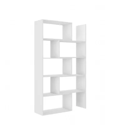 A white, modern, geometric bookshelf against a white background.