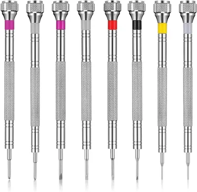 Obrázek produktu pro Sada 8 kusů šroubováků pro hodinářství, včetně demagnetizéru, rozměry 0,6-1,6 mm, určená pro opravy hodinek