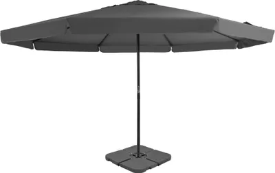 A gray patio umbrella with a square base stand, isolated on a white background.