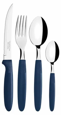 A set of four cutlery pieces, including a knife, fork, and two spoons, are arranged vertically against a white background.