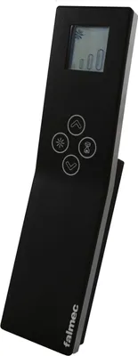 A black remote control with a digital display and buttons.