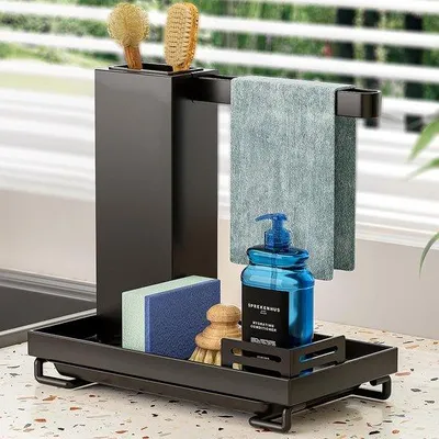 Obrázek produktu pro Ibenzoa® Úsporný černý organizér do dřezu z nerezové oceli (24,5 x 15 x 25 cm) – úložný prostor do kuchyně pro houbičky, kartáče a utěrky