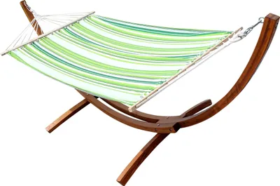 Produktbild von ALEOS. 320cm Hängemattengestell SOSUA Hängematte mit Gestell aus Holz Lärche mit grün gestreifter Stabhängematte