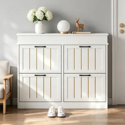 Immagine prodotto di Armadio per scarpe bianco, dimensioni 105x24x83 cm, con quattro ante a ribalta e otto scomparti in MDF, ideale per l'ingresso o il corridoio