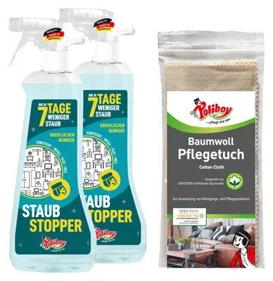 Produktbild von Poliboy 2xStaubstopper + Baumwoll Pflegetuch - Antistatik - 7 Tage ohne Staub - Reinigungsset für Möbel aller Art - 2x500ml - 2450001