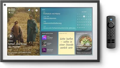 A smart display and remote control are shown on a white background, with the smart display showing various widgets like a calendar, to-do list, and video.
