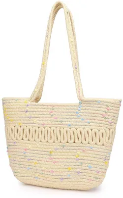 Imagen del producto de Ibenzoa® Elegante: Bolso de playa de algodón tejido a mano para mujer, amplio y espacioso, de 42 x 24 x 10 cm. Ligero, transpirable, sin olor, con asa de mano y correa para el hombro