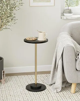 Obrázek produktu pro Uniqoos® Kulatý přistavovací stolek s gravírovanou dřevěnou deskou a černým kovovým rámem – 27×27×61 cm, nosnost 9 kg, ideální do obývacího pokoje a ložnice
