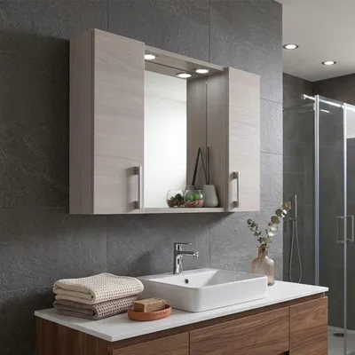 Immagine prodotto di Specchio bagno contenitore con due pensili legno rovere grigio e led