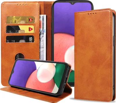 Produktbild von Smartphonica Samsung Galaxy A22 5G leren hoesje met  magnetische sluiting en pashouders – Bruin