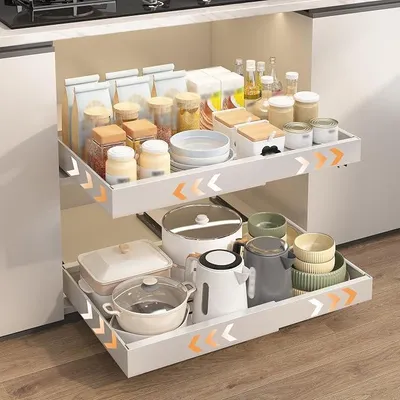 Produktbild von PolkaHome® 2er Set Ausziehbarer Schubladenorganizer mit Klebebefestigung, 3 Schienen, Schubladeneinsatz für Küchenschrank, ohne Bohren,