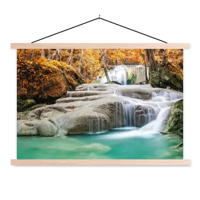 Produktbild von MuchoWow® Textilposter Wald - Wasserfall - Herbst 120x80 cm mit holzfarbenen Rahmen - Aufhängeset
