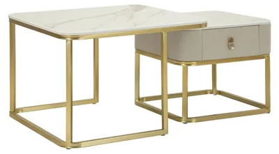 Obrázok produktu pre Sada dvoch konferenčných stolíkov Beauty v krémovej a zlatej farbe, rozmery 70 x 70 x 48 a 50 x 50 x 43 cm