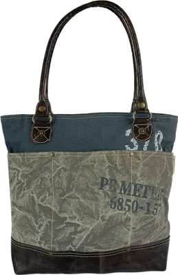 Zdjęcie produktu dla Sunsa Vintage Shopper. Płócienna torba na ramię ze skórą. Duża torebka ze skórzaną rączką