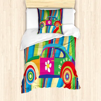Produktbild von ABAKUHAUS Modern Mantele, Hippie-Art Classic Car, Milbensicher Allergiker geeignet mit Kissenbezügen, 135 cm x 200 cm - 80 x 80 cm, Mehrfarbig