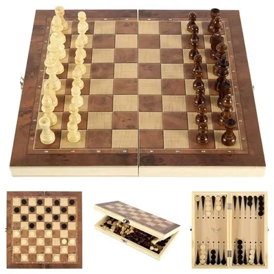 Produktbild von 3-in-1 Holzspiel – Schach, Dame & Backgammon – Klappbares Brettspiel Set mit Figuren – Ideal für Kinder & Erwachsene