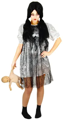 Produktbild von Horrorpuppen Kleid Damen – Gruseliges Halloween Kostüm in Weiß & Schwarz, Größe:XXXL