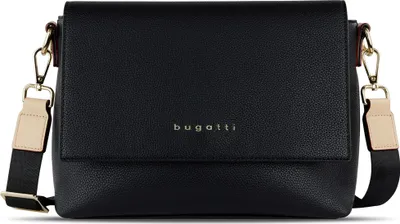 A black Bugatti shoulder bag with a beige and black strap is shown against a white background.