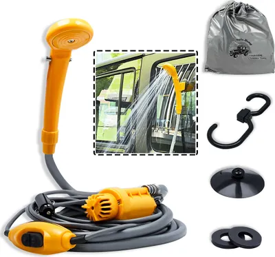 Image de UISEBRT Douche de camping 12V Douche de camping avec pompe immergée Douche mobile portable avec adaptateur voiture 5m & tuyau 2m Douche d'extérieur