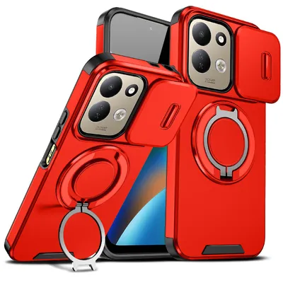 Produktbild von Handyhülle für Xiaomi Redmi 17 4G/5G Dual-Layer Stoßfest Militär Hülle mit Dia Kameraschutz, Magnetisch Ring Ständer Rot