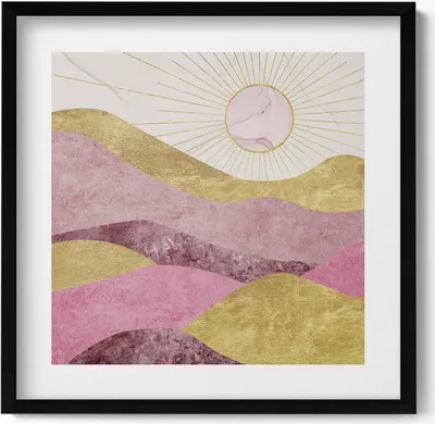 Produktbild von Abstrakte Landschaft mit goldenen Bergen und Sonnenschein– Wandbild mit Rahmen – Gerahmtes Bild  – Wanddekoration – 50x50 cm –  Schwarz Rahmen
