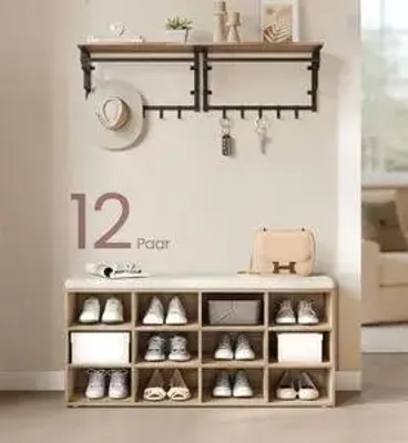 Produktbild von Schuhbank - Schuhregal mit Sitzfläche - 12 Fächer - Für Flur und Eingangsbereich - 30,3x104x48 cm - Kaffeebraun
