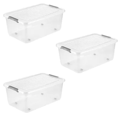 Aufbewahrungsbox mit Deckel und Rollen, 37 l, 3er-Set, transparent