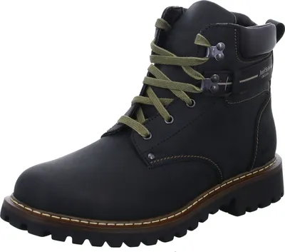 A single black leather boot with green laces is shown against a white background.