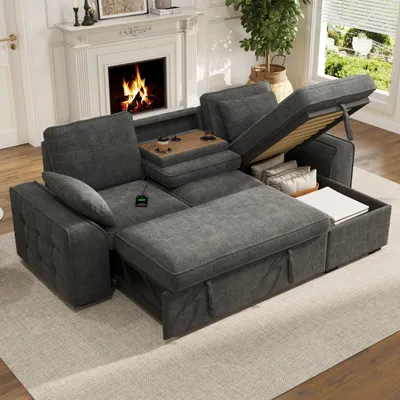 Produktbild von Merax Ecksofa 3-Sitzer mit Schlaffunktion, Stauraum, Klapptisch mit Getränkehaltern & USB, Polstersofa mit verstellbaren Rückenlehnen, Chenille, Grau