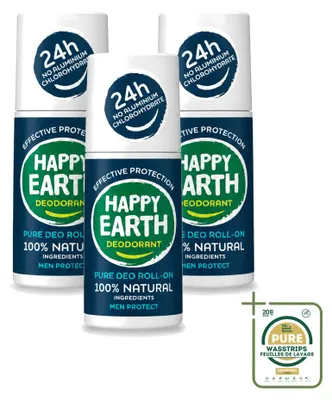 Obrázek produktu pro 3 x Deodorant Happy Earth pro muže, roll-on, ochrana – 100% přírodní – 75 ml – balení pro zásobení – 3 kusy