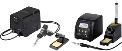 Two digital desoldering stations with their accessories are displayed against a white background.