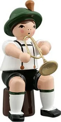 Produktbild von Holzfigur Musikanten mit Hut und Jazztrompete sitzend Höhe 7cm NEU