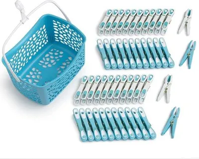 Produktbild von Famanu Wäscheklammern mit Korb - 48 Stück, Blau/Weiß
