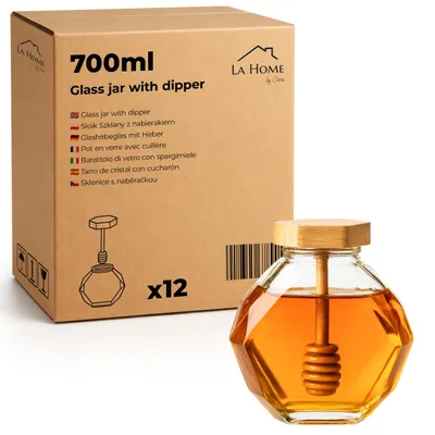 Produktbild von 12x Honigglas mit Honiglöffel 700ml - Glasbehälter mit Bambusdeckel