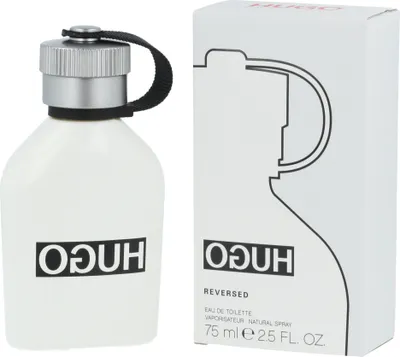 A white bottle of Hugo Boss Reversed Eau de Toilette for men and its packaging are displayed side-by-side against a white background.