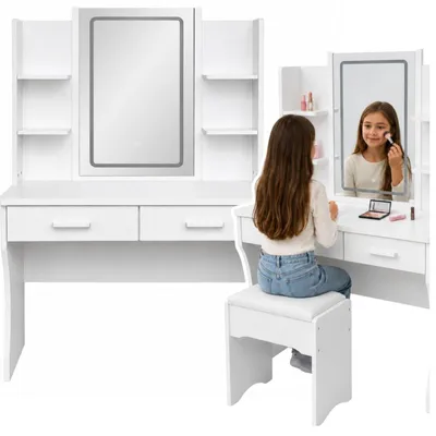 Productafbeelding van Make-up tafel met LED-spiegel, opbergvakken en lades, wit, 140 x 80