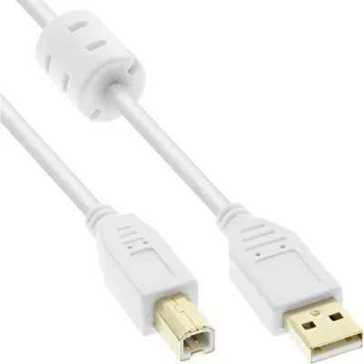 Produktbild von InLine USB 2.0 Kabel, A an B, weiß / gold, mit Ferritkern, 3m, 3 m, USB A, USB B, Stecker/Stecker, 0,48 Gbit/s, Weiß